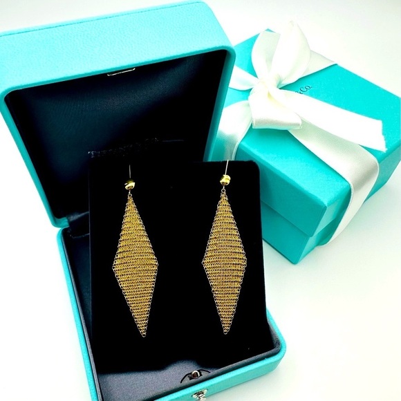 RARE Tiffany & Co. 1981 Elsa Peretti 18K Yellow Gold 3” Mesh Earrings Packaging - Picture 1 of 11